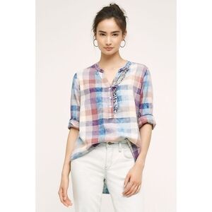 ANTHROPOLOGIE Isabella Sinclair Ruffle Henley Top Cotton Pastel Long Sleeve S